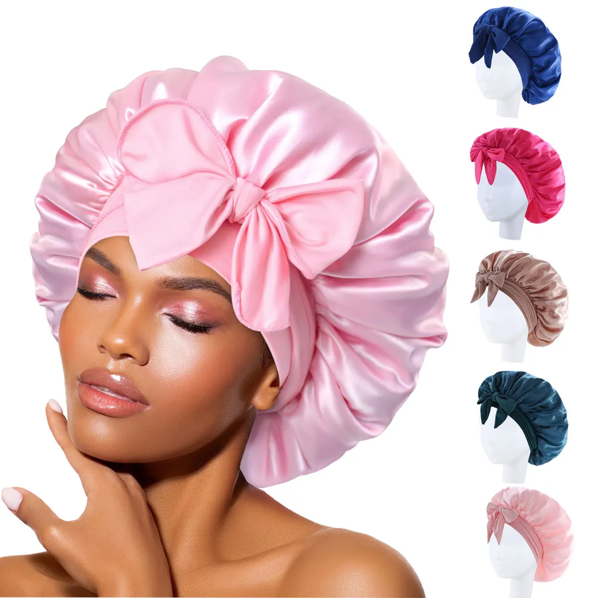 Silk Hat Bow for Women Sleep Hair Large Care Bonnet for Long Curly Hair Double Layer Wrap Soft Elastic Band Non-Slip Sleep Cap