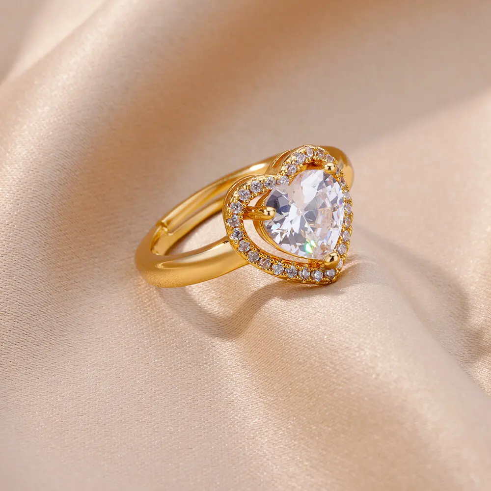 Stainless Steel Heart Rings Zircon Gold Color Adjustable Ring
