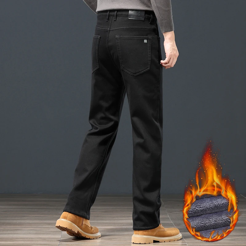 Winter Warm Fleece Men Jeans Loose Straight Thickened Velvet Trousers Black Classic Stretch Casual Thermal Pants Plus Size 28 44 6