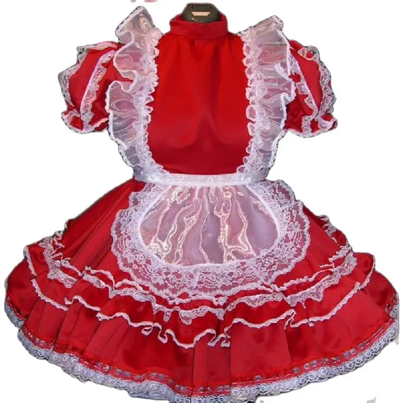 

Lockable Satin Red and White Lace Lolita Dress Adult Baby Crossdresser Party Daily Unisex Dressing Maid Sissy Customized Clothin