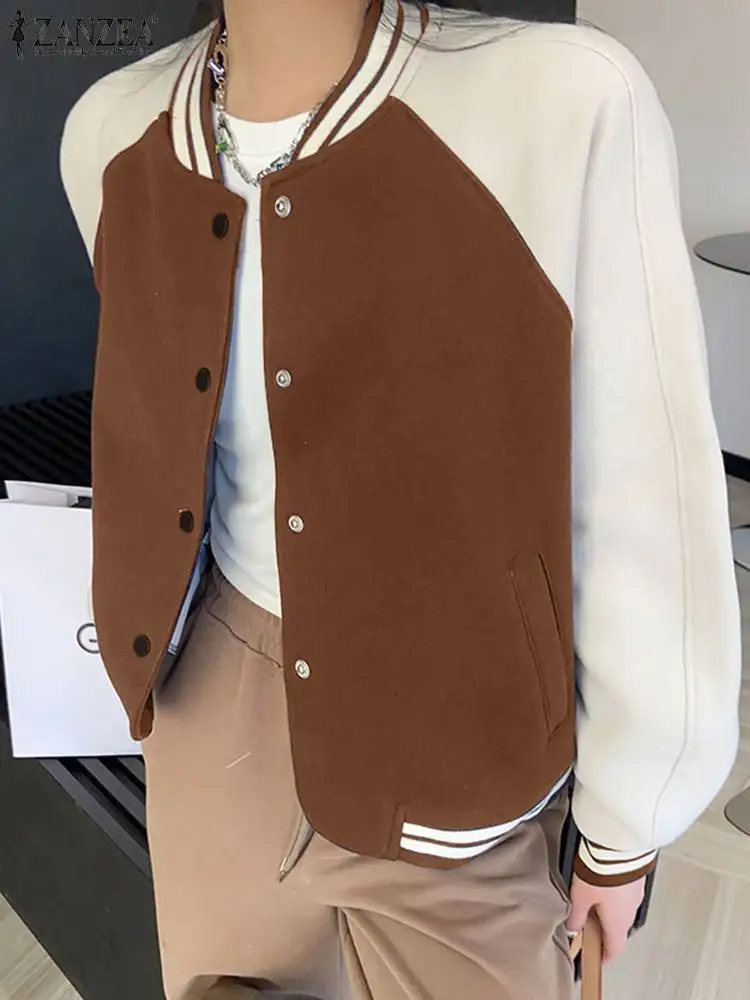 

Куртка-бомбер ZANZEA Женская в стиле хип-хоп, уличная одежда с цветными блоками, осенняя бейсбольная куртка, Повседневная Свободная верхняя одежда в студенческом стиле, 2024