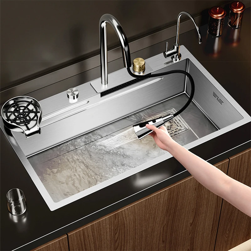 Multifunction Brushed Nano Kitchen Sink Waterfall Faucet Large Single Bowl Cup Washer Pure Tap Soap Dispenser Stainless Steel kitchen sink faucet set