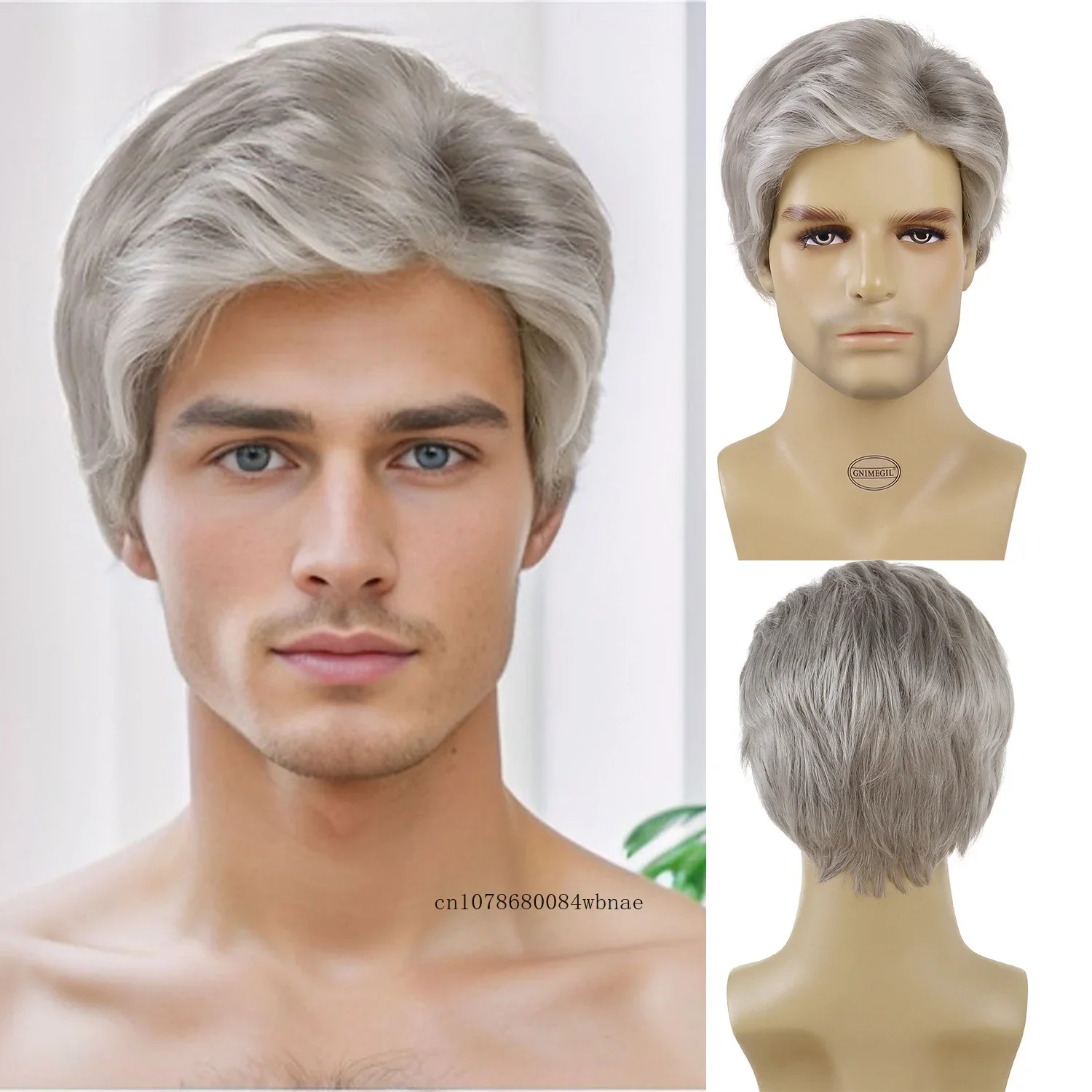 Men Wigs Synthetic Short Grey Grandpa Old Man Wig Halloween Costume Gray Wig Side Bangs Daily Party Costume Natural Looking
