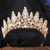 Gold Color Champagne Royal Queen Rhinestone Wedding Crown for Women Crystal Banquet Tiara Party Costume Hair Jewelry Accessories