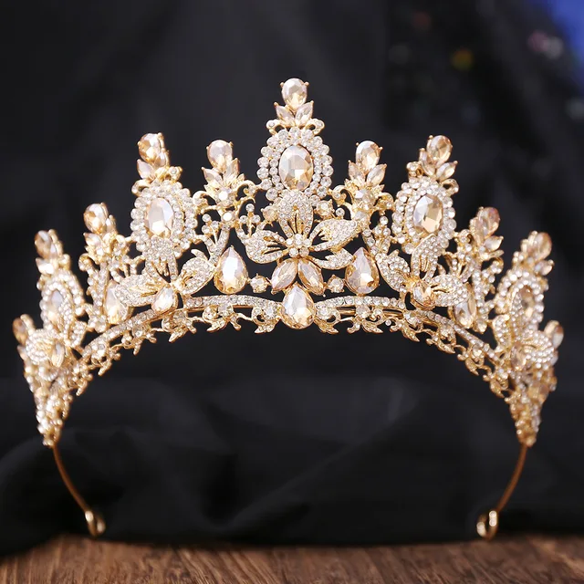 Gold Color Champagne Royal Queen Rhinestone Wedding Crown for Women Crystal Banquet Tiara Party Costume Hair Jewelry Accessories