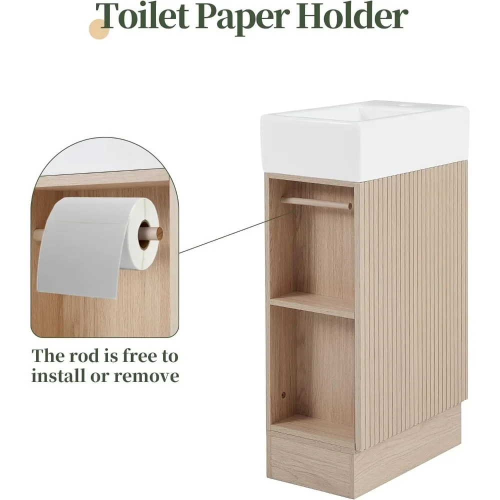 19" Small Single Bathroom Vanity with Sink,1 Door,Toilet Paper Holder and 2 tier Shelves,Natural Wood Bathroom Vanity Sink 5