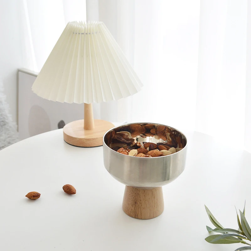 Simple Stylish Round Solid Wood Tray Stainless Steel Bowls Small Item Storage Tray Food Desktop Storage Kitchen Decor Plate
