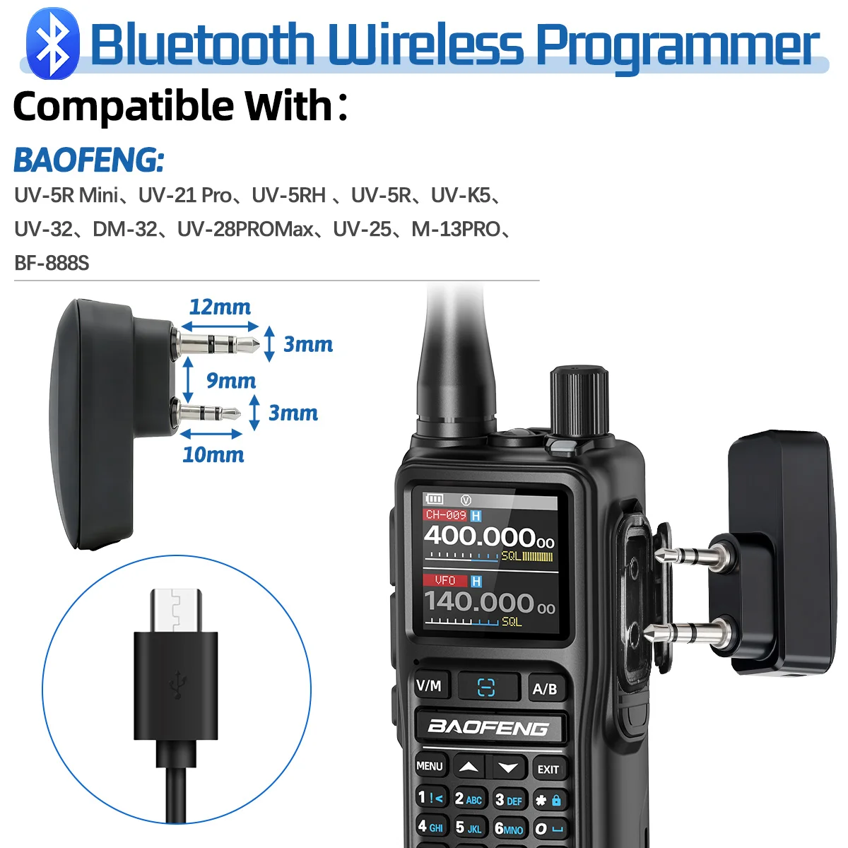 BAOFENG 워키 토키 무선 블루투스 프로그래밍 어댑터 UV-5R 미니 UV-32 UV-5RH 햄 라디오 용 전화 APP TYPE-C 충전기