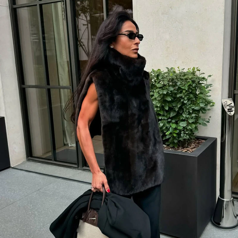 Elegant Women's Faux Fur High Neck Waistcoat - Fluffy Sleeveless Fashion Vest