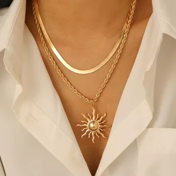 European And American Sun Flame Pendant Necklace For Women Jewelry 2025 Trending New Punk Women's Double Layered Chain Necklaces