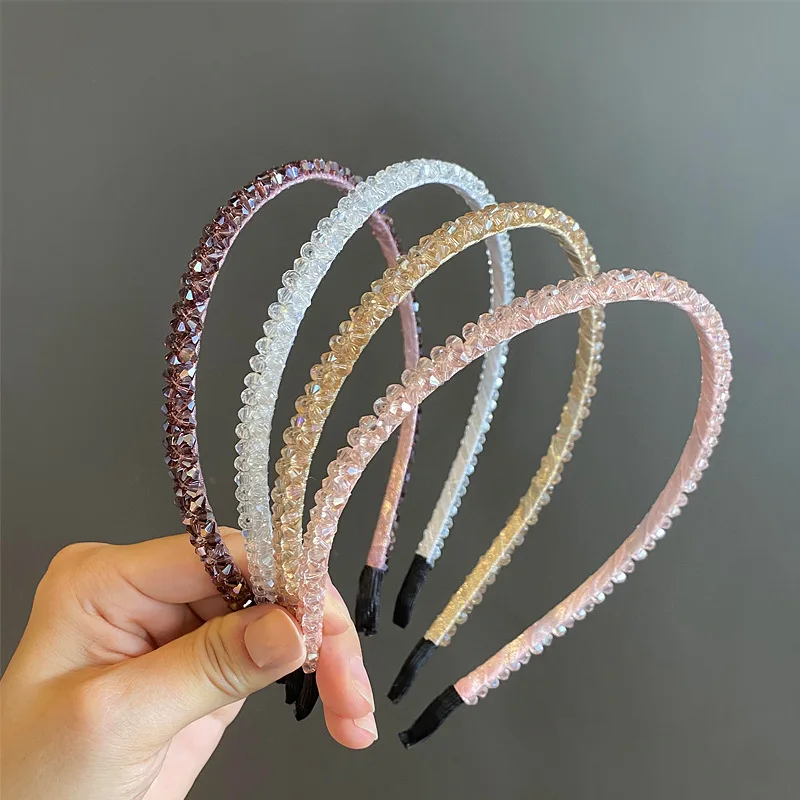 

Fashion Elegant Double Layer Crystal Hairband Women Braided Bead Stone Headband Simple Solid Thin Headwrap Handmade Hair Hoop