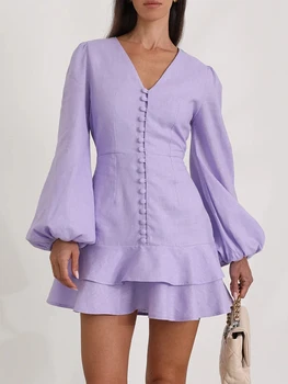 Marthaiqiqi Cotton Slim Women's Nightwear Long Sleeve Nightgowns Sexy V-Neck Sleepwear Mini Dress Casual Summer Ladies Pajamas