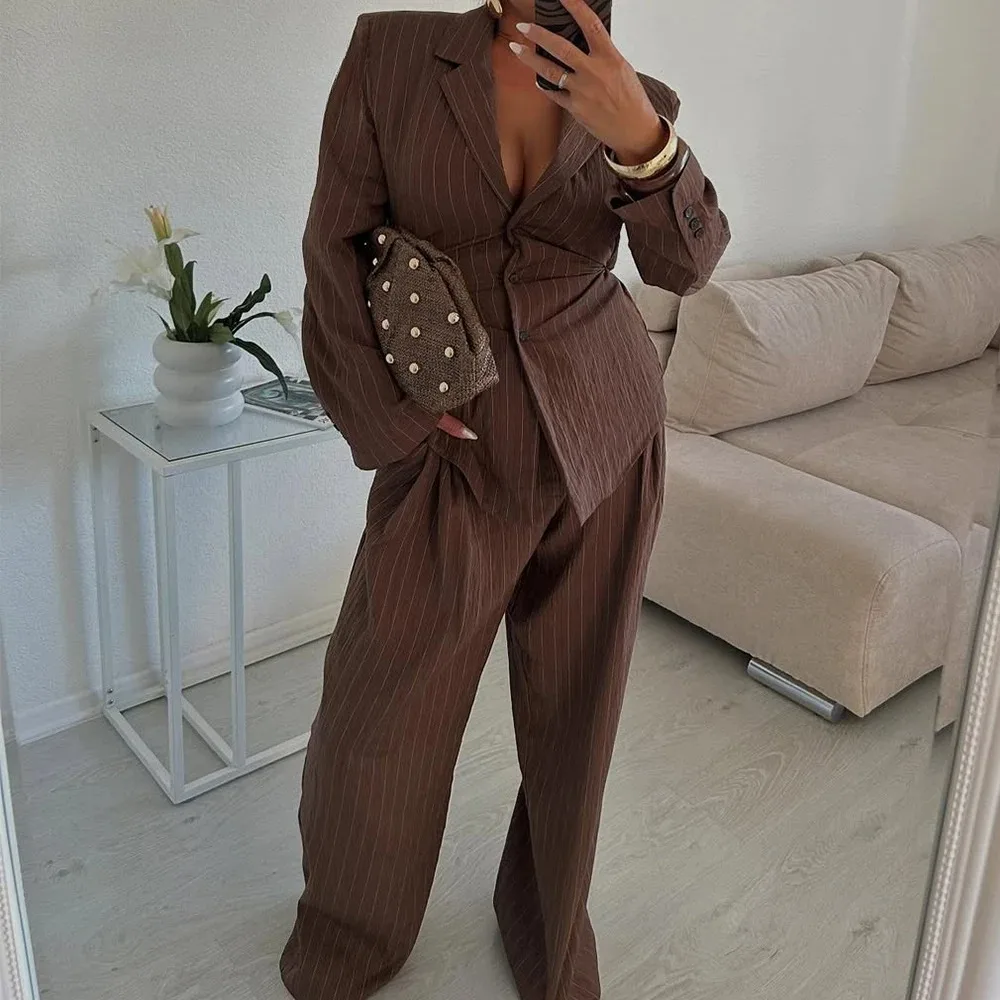 KONDALA Chic Stipe Fashion 2025 Office Lady Woman Suits Lace Button Sashes Blazer+Zipper Folds Pockets Pants Elegant Female Sets 4