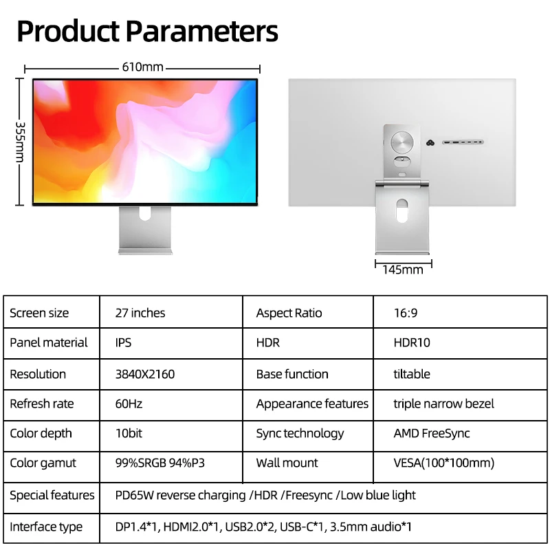 쿠이콘 27인치 알루미늄 합금 디자인 디스플레이 2K 4K 5K 해상도 144HZ 주사율 LCD 모니터 게이밍 PC 데스크탑 모니터
