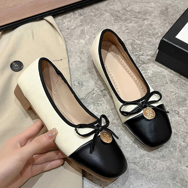 

Туфли женские кожаные на плоской подошве, удобные нескользящие лоферы, элегантная обувь с металлическим кулоном, квадратный носок, бант, элегантная обувь