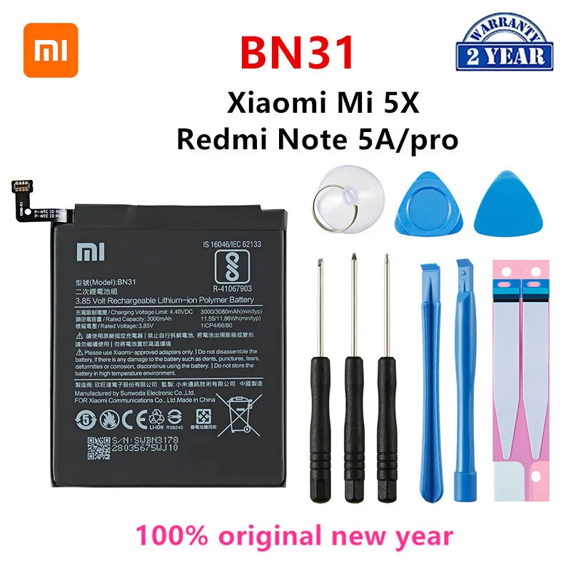 

Xiao mi 100% Orginal BN31 3080mAh Battery For Xiaomi Mi 5X Mi5X Redmi Note 5A / Pro Mi A1 Redmi Y1 Lite S2 BN31 Batteries +Tools