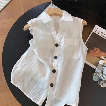 Camicetta Casual Estiva Senza Maniche con Collo a Polo, Tasche e Bottoni, Stile Semplice per Ufficio, Tendenza Moda Abbigliamento Donna