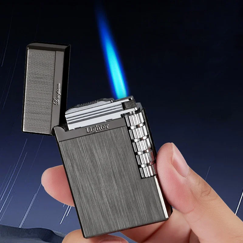 2024 Mini Classic Steel Tone Rumble Straight Metal Lighter Regalo Da Uomo Blue Flame Flint Lighter Accessori Per Fumatori
