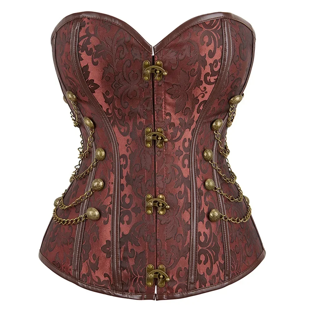 

Steampunk Corsets And Bustiers Vintage Black Brown Leather Corset Overbust Steel Bone Spiral Tops Chain Gothic Pirate Plus Size