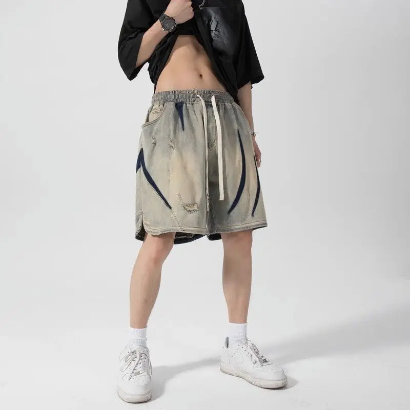 Yellow Mud-colored Old Denim Shorts Men's Washing Trendy American Retro Loose Street Hip-hop Ripped Five-point Pants
