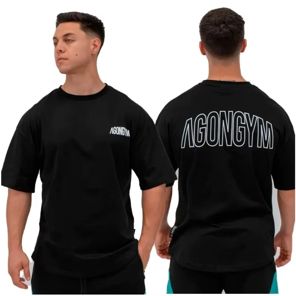 New Agongym T Shirt Men Loose Cotton Printed Bodybuilding Muscle Short Sleeve Gym Running Sports Workout Streetwear Top
