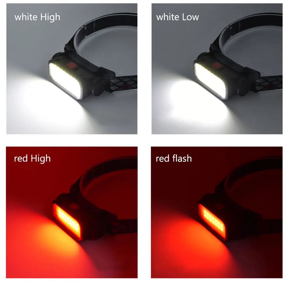 Portable Powerful Red LED Headlamp COB USB Rechargeable Headlight Built-in Battery Waterproof White Head Torch Flash Head Lamp