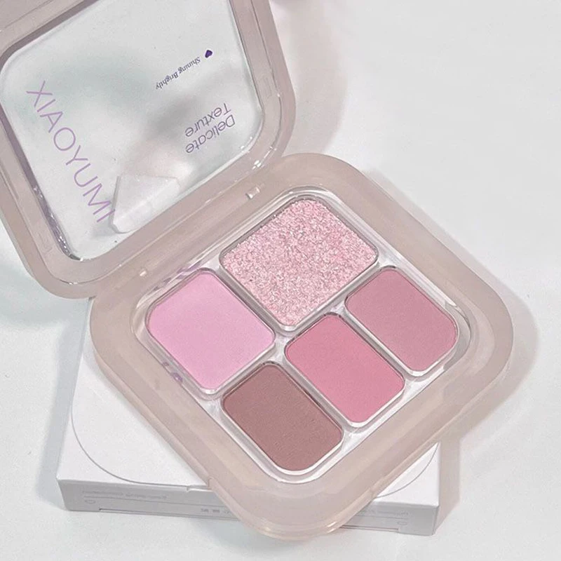 Vibrant 5-Color Glitter & Matte Pink Eyeshadow Palette - Waterproof, Shimmer & Smoky Finish