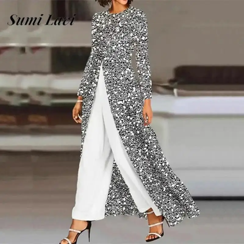 

Vintage Casual Ladies Long Tops Set Spring O Neck Long Sleeve Dress Top and Pants Set Women Loose Wide Leg Pants Two-pieces Set