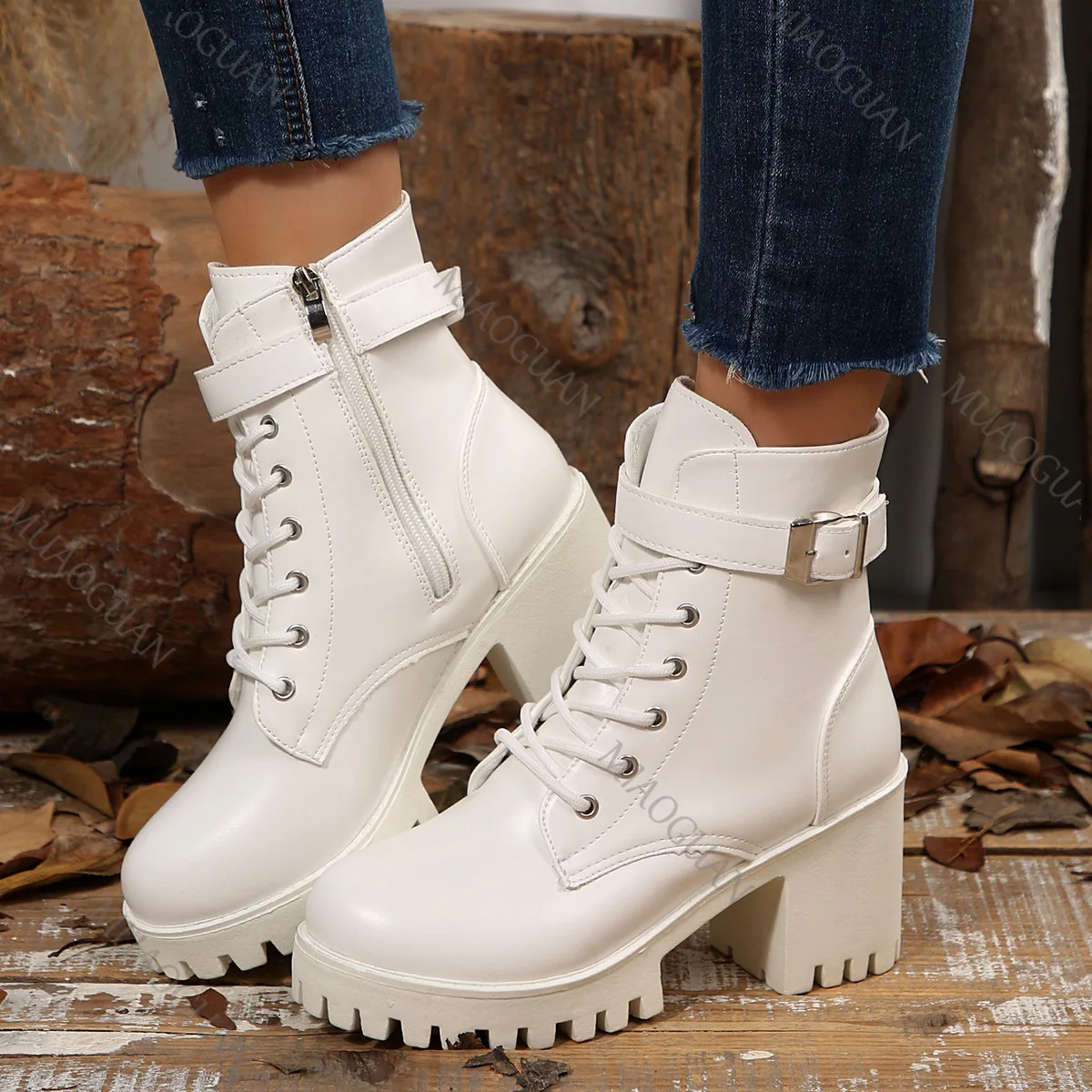 Women Boots Autumn and Winter New Belt Buckle Thick Bottom Lace-up Short Botas White Chunky High Heel Platform Shoes Women