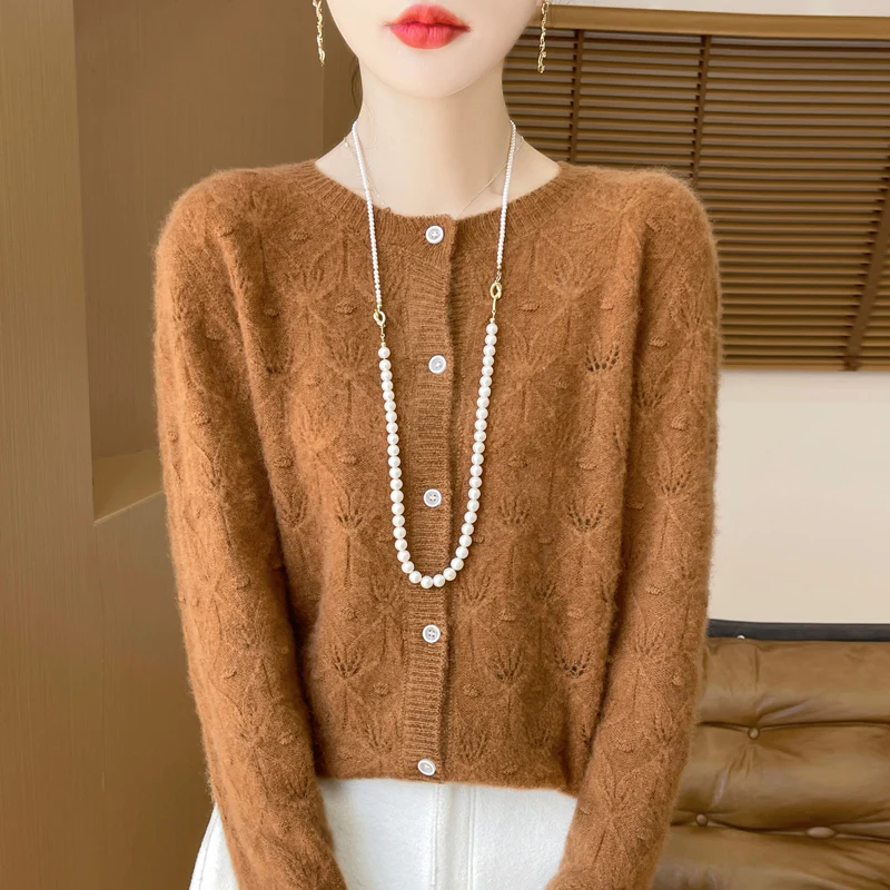 Cárdigan de punto de lana merino extrafina 100 % australiana de manga larga con cuello redondo holgado y ahuecado de color sólido para mujer