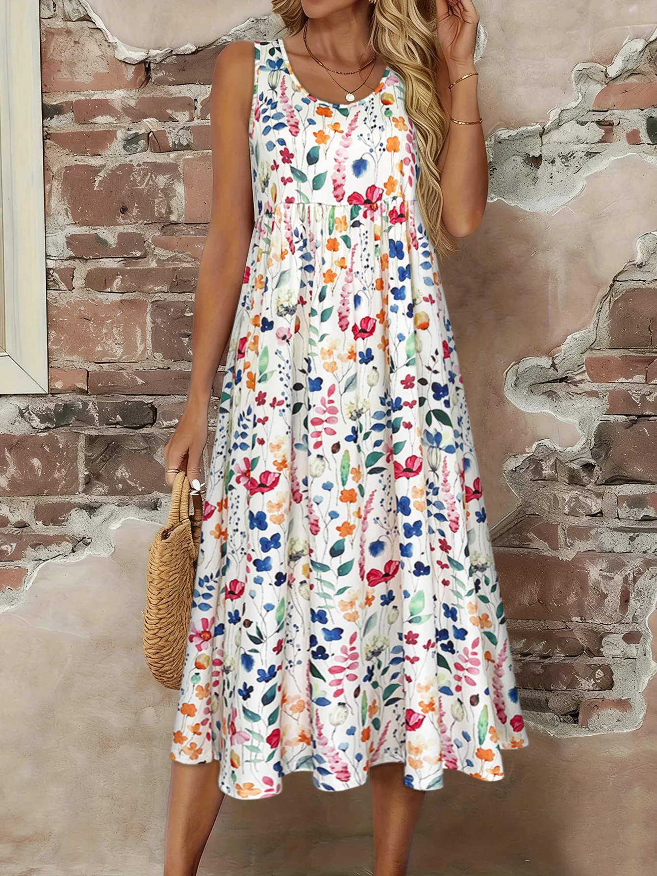 Damen-Midikleid mit Aquarell-Blumendruck, ärmellos, Sommerkleid, lässig, Rundhalsausschnitt, A-Linie, fließendes Sommerkleid