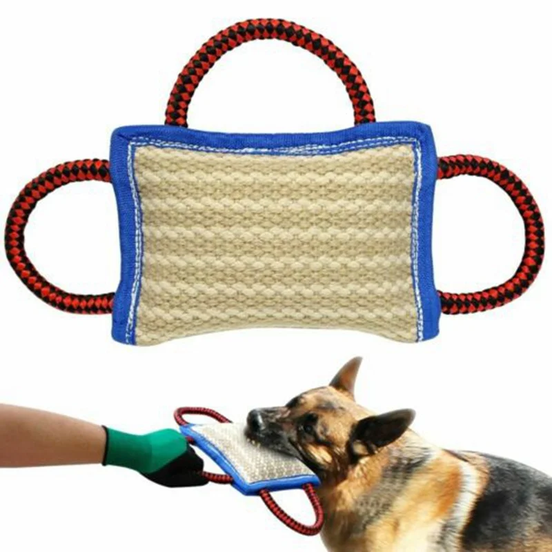 

Durable Small Dog Training Bite Tug Toy Linen Bite Pillow Puppy Interactive Pet Toy with 3 Handles Pet Supplies