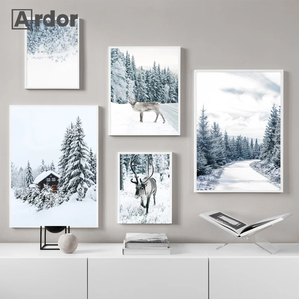 

Nordic Art Canvas Painting Winter Cedar Forest Landscape Poster Deer Castle House Shopping Print Nordic Wall Pictures Home Decor