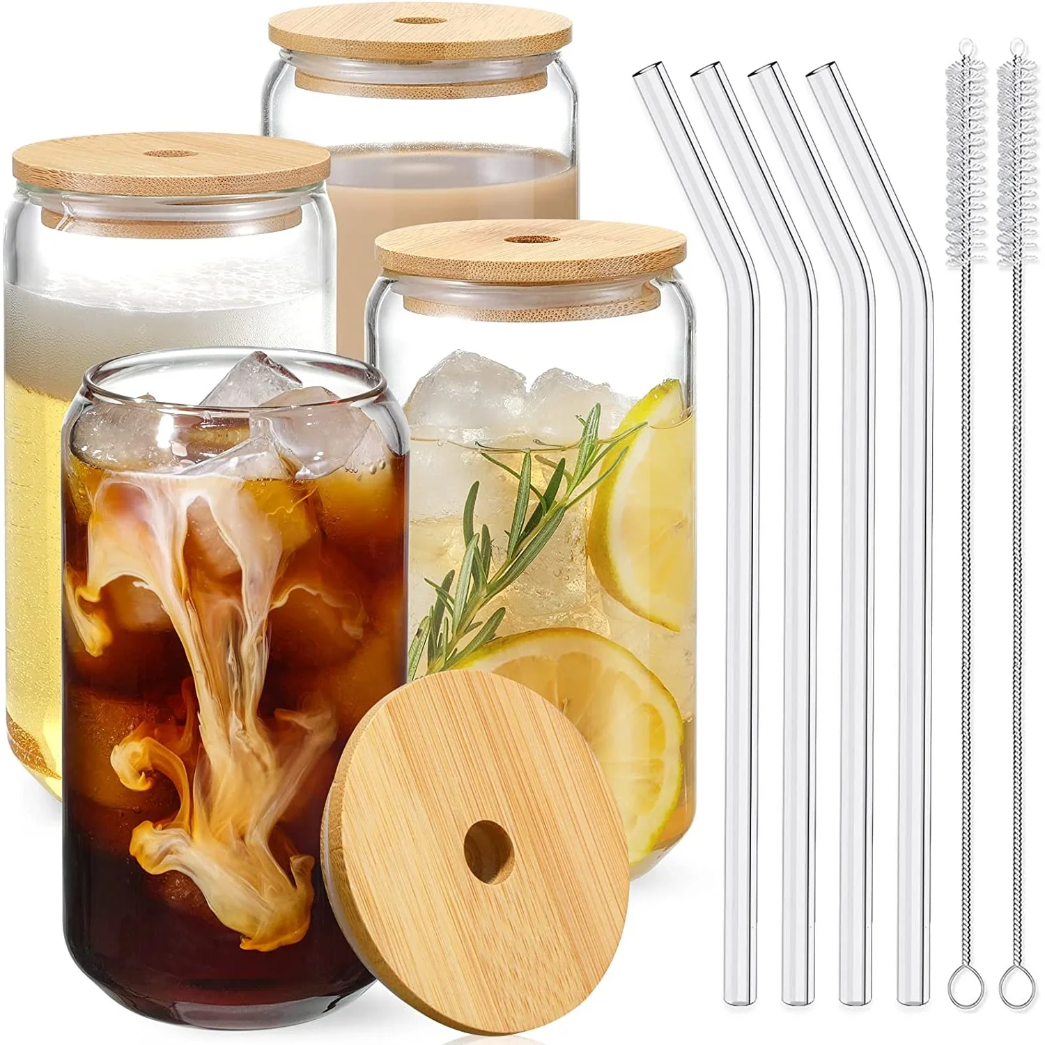 

Drinking Glasses with Bamboo Lids and Straw Set 16oz Can Shaped Glass Cups, Beer/Coke/Milk/Cocktail/Whiskey/Coffee Glasses Cup