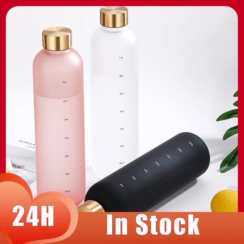 1000ML Plastic Space Cup Large-Capacity Transparent Frosted Water Cup Copper Lid Sport Water Bottle With Time Marker for Student
