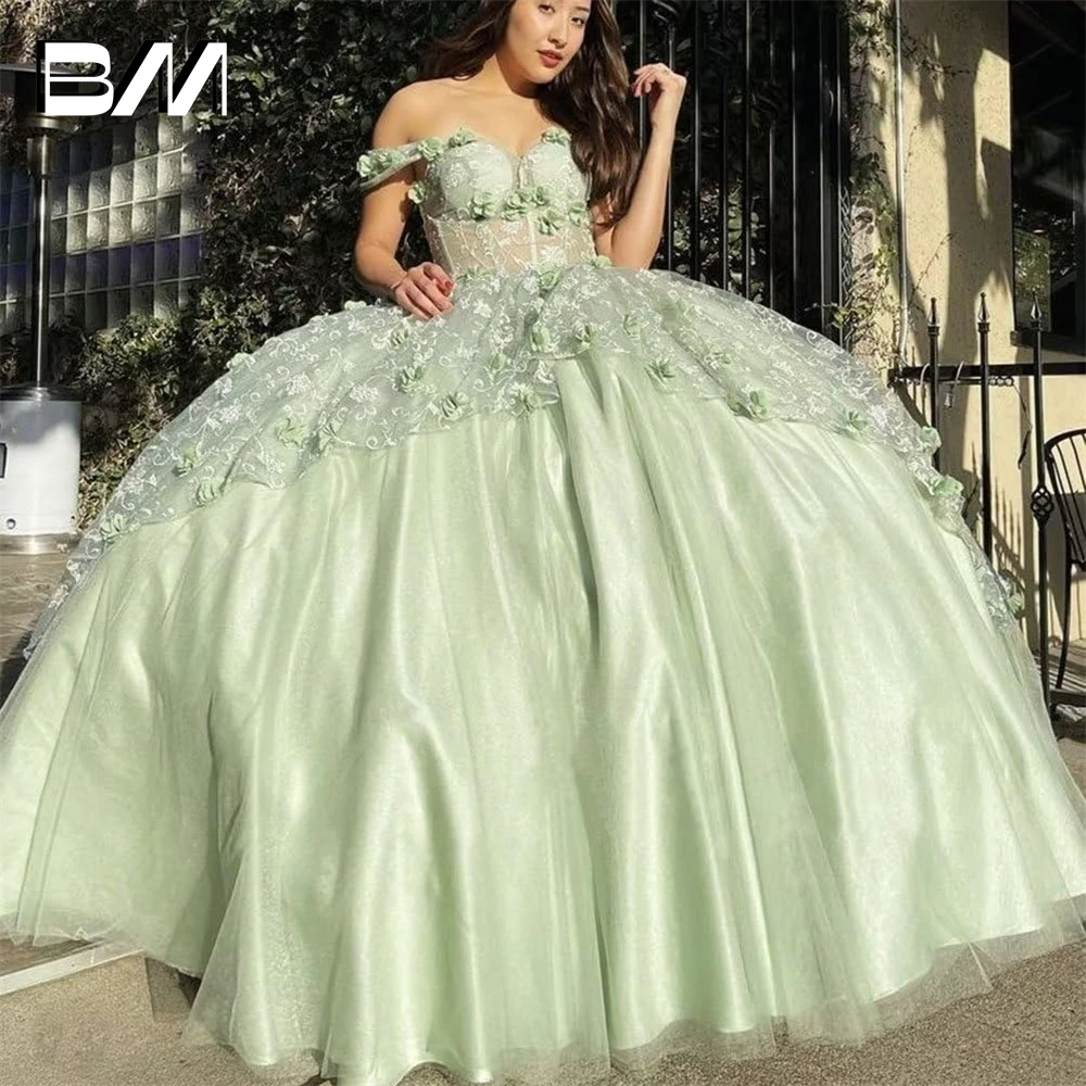 Off Shoulder Quinceanera Jurken 3d Gebloemde Baljurken Voor Dames Tule Galajurk Met Trein Sweet 16 Jurken Vestidos De 15 Quin