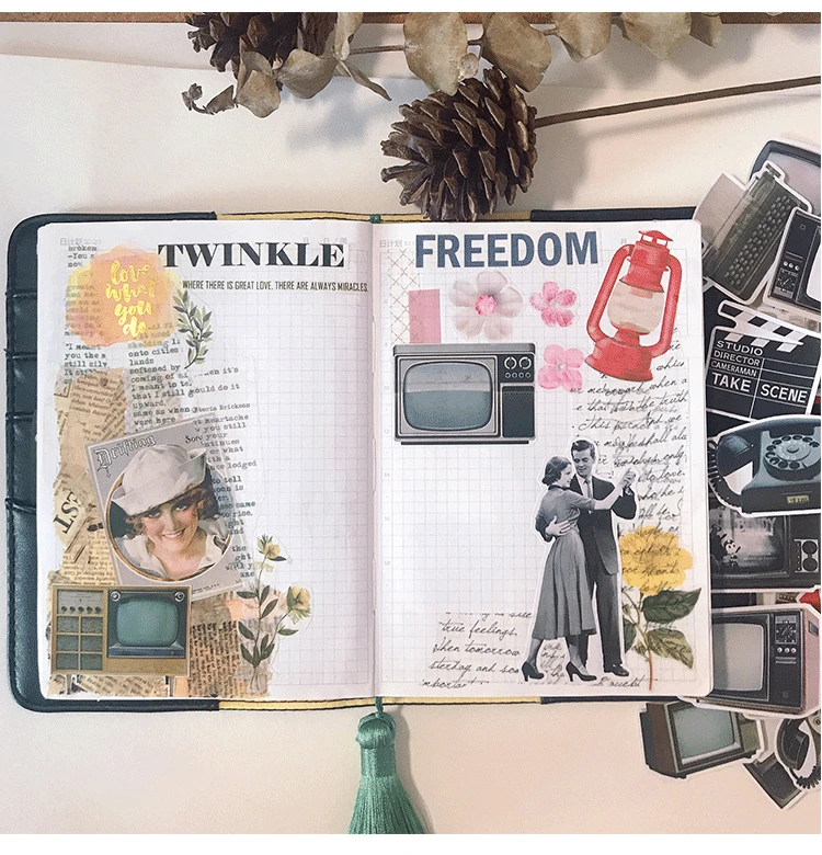 52pcs Retro Nostalgic Old TV Hand Account Stickers Children's Handwritten Newspaper Waterproof Decorative Diary Album Plan