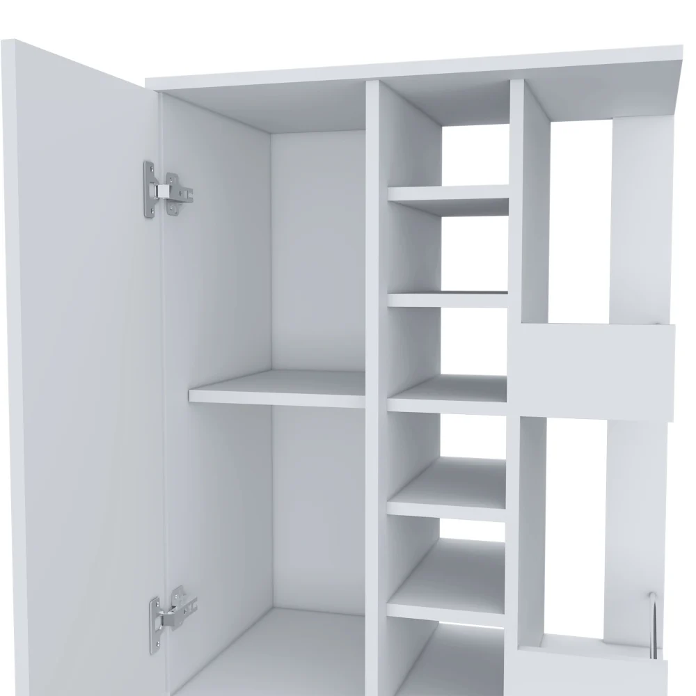 32" H White Bar-coffee Cart Cabinet Storage 4 Wheels 1 Divided Storage with 1 Shelf, Fold Ing Door A Central Vertical Division