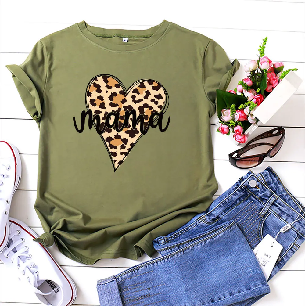 

Mama Leopard Heart Print Women T Shirt Short Sleeve O Neck Loose Women Tshirt Ladies Tee Shirt Tops Clothes Camisetas Mujer