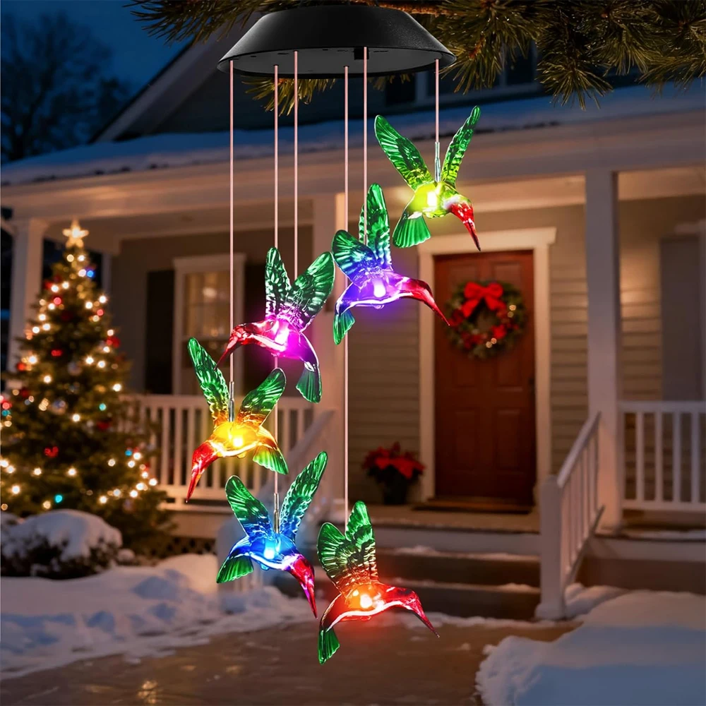 Hummingbird Wind Chimes Outdoor, Solar Powered Lights with Color Changing, Waterproof LED Wind Chime for Yard Party Garden Decor