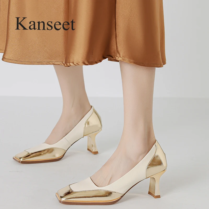 

Kanseet Pumps Women Shoes Genuine Leather Fashion Mixed Colors Handmade Elegant Dress High Heels Ladies Footwear 41 2023 Autumn