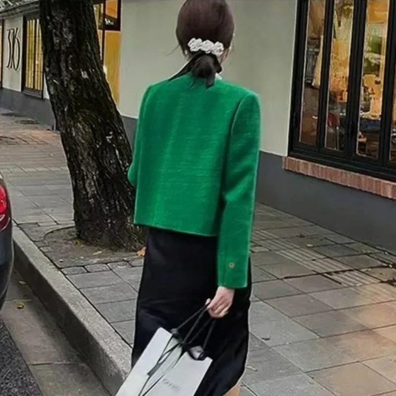 Office Suit Classic Green Cropped Tweed Jackets Spring Fall Korean Elegant Slim Coat Luxury Streetwear Oversize Fashion Outwear