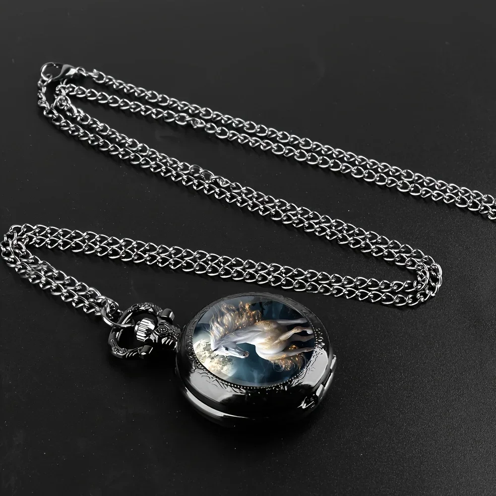 Retro Silvery Horse Animal Necklace Pendant Quartz Pocket Watch