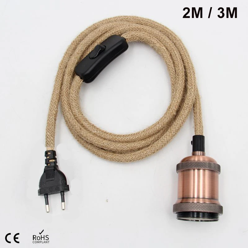 E27 Lamp Base Power Cord EU Plug Hemp Rope 2 Meter 3 Meter Electrical Wire Lampholder Socket Retro ON/OFF Switch Cable