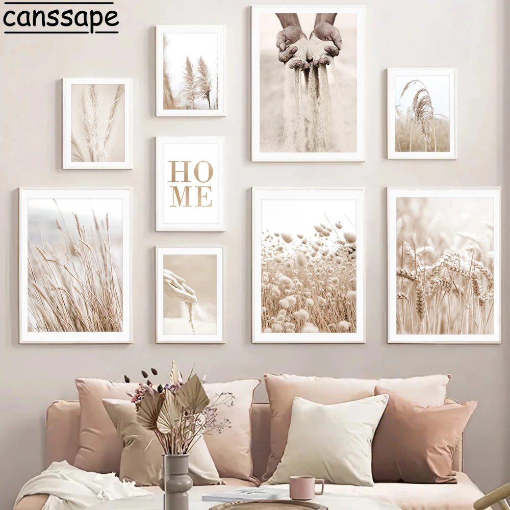 Beige Landscape Art Prints Pampas Grass Canvas Painting Sand In Hand Wall Poster Nordic Wall