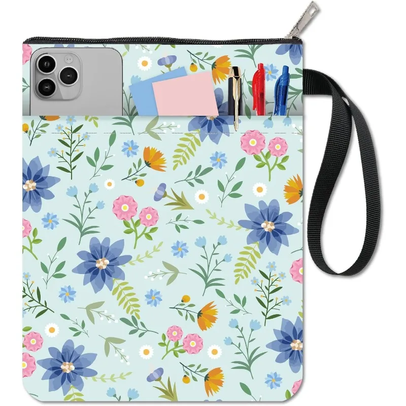 1pc Book Sleeve for Book Lovers Zipper Blue Floral Books Pouch Watercolor Flower Leaf Waterproof Protector Fabric Cloth