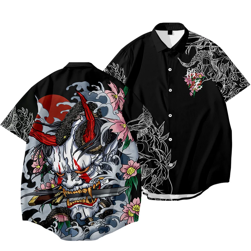 Men Hawaiian Shirt men hawaiian shirt Japanese Style Demon Print Shirt Fashion Summer Short Sleeve Harajuku Anime Men Oversized Clothing