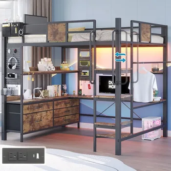 Full Size Loft Bed with Desk 5 Drawers 3 Open Shelves LED Lights Charging Station Stairs Vintage Brown 1