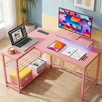 NOST&HOST Pink L Shaped Gaming Desk LED Power Outlets,42" Corner Computer Desk Reversible Shelves Hooks Home Office Bedroom Desk 2