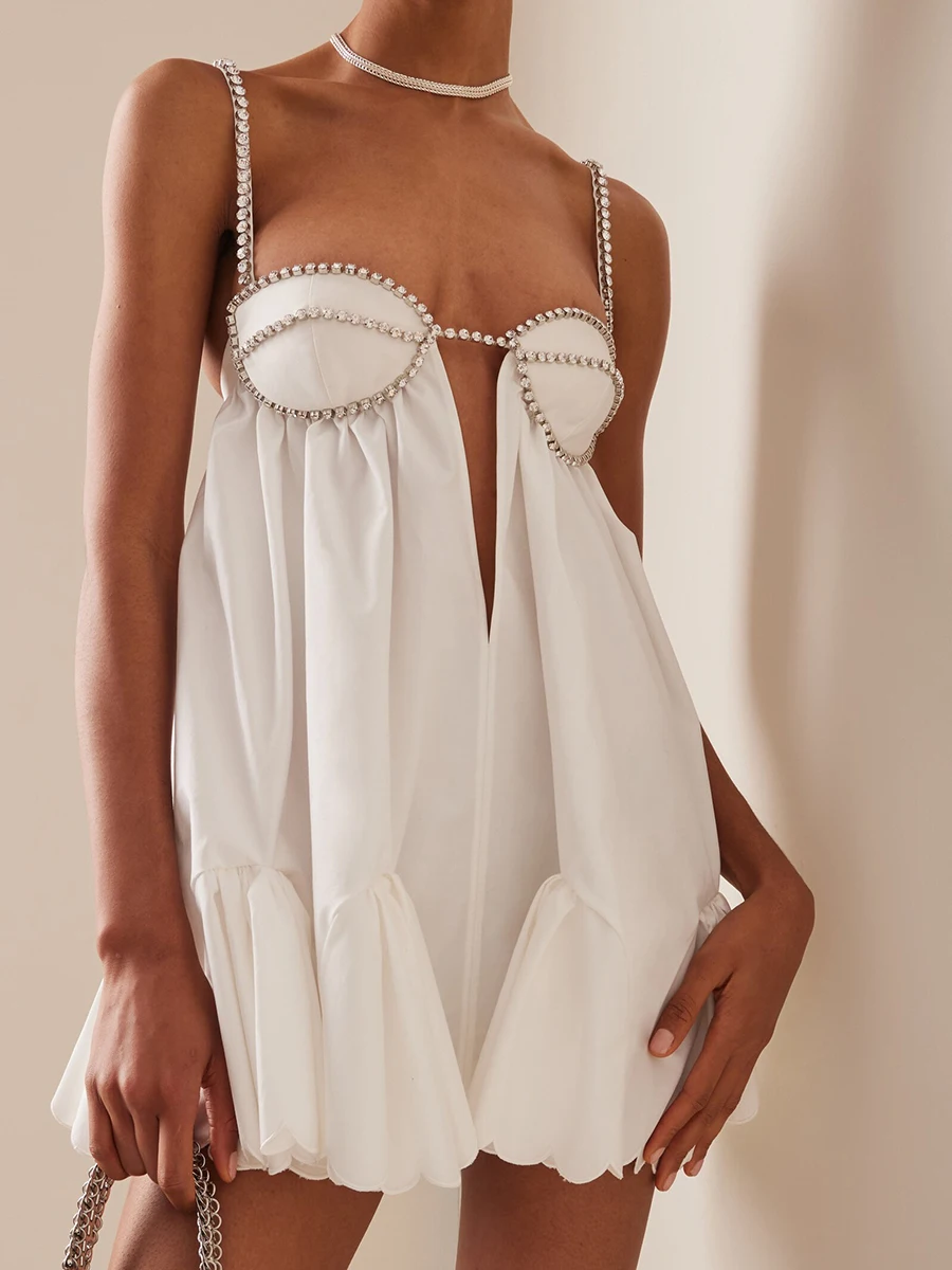 

Women Sparkly Sequin Mini Dress Spaghetti Strap Backless A-Line Back Hollow Out High Waist Elegant Party Dress